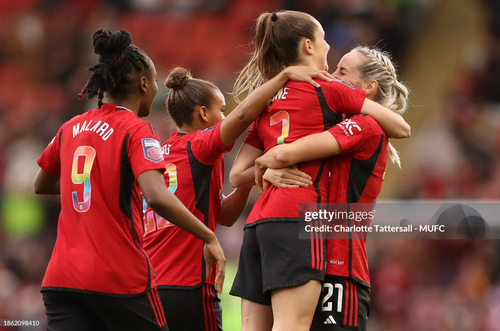 Leigh Sports Village, Leigh, England, December 17, 2023: Ella Toone of Manchester United Women celebrates her team's first goal during the Barclays Women's Super League match between Manchester United and Liverpool FC. (Image sourced from Getty Images by Charlotte Tattersall, MUFC/Manchester United))