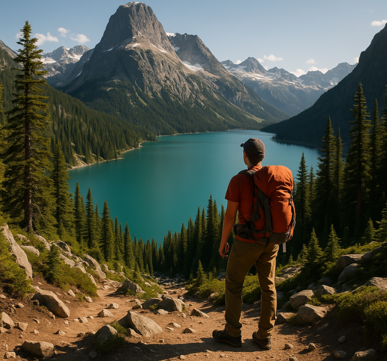 1751416478450.Hiker Overlooking Turquoise Alpine Lake